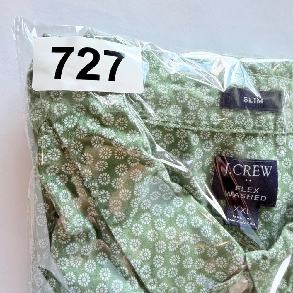 J.Crew Button Down Shirt Mens XXL Green Floral Short Sleeve Slim Fit Flex Washed